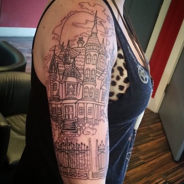 Outline Haunted House Half Sleeve Tattoo