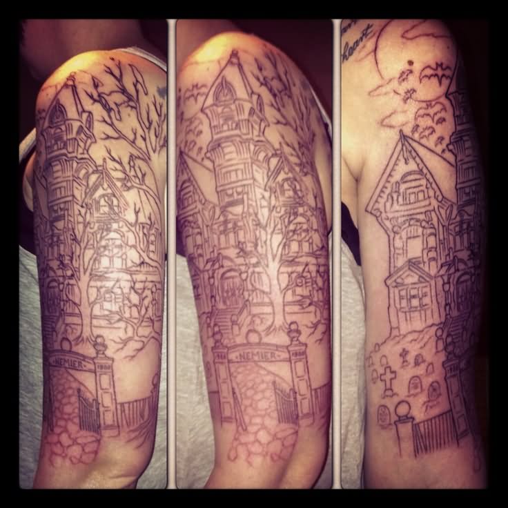 Outline Haunted House Tattoo On Half Sleeve