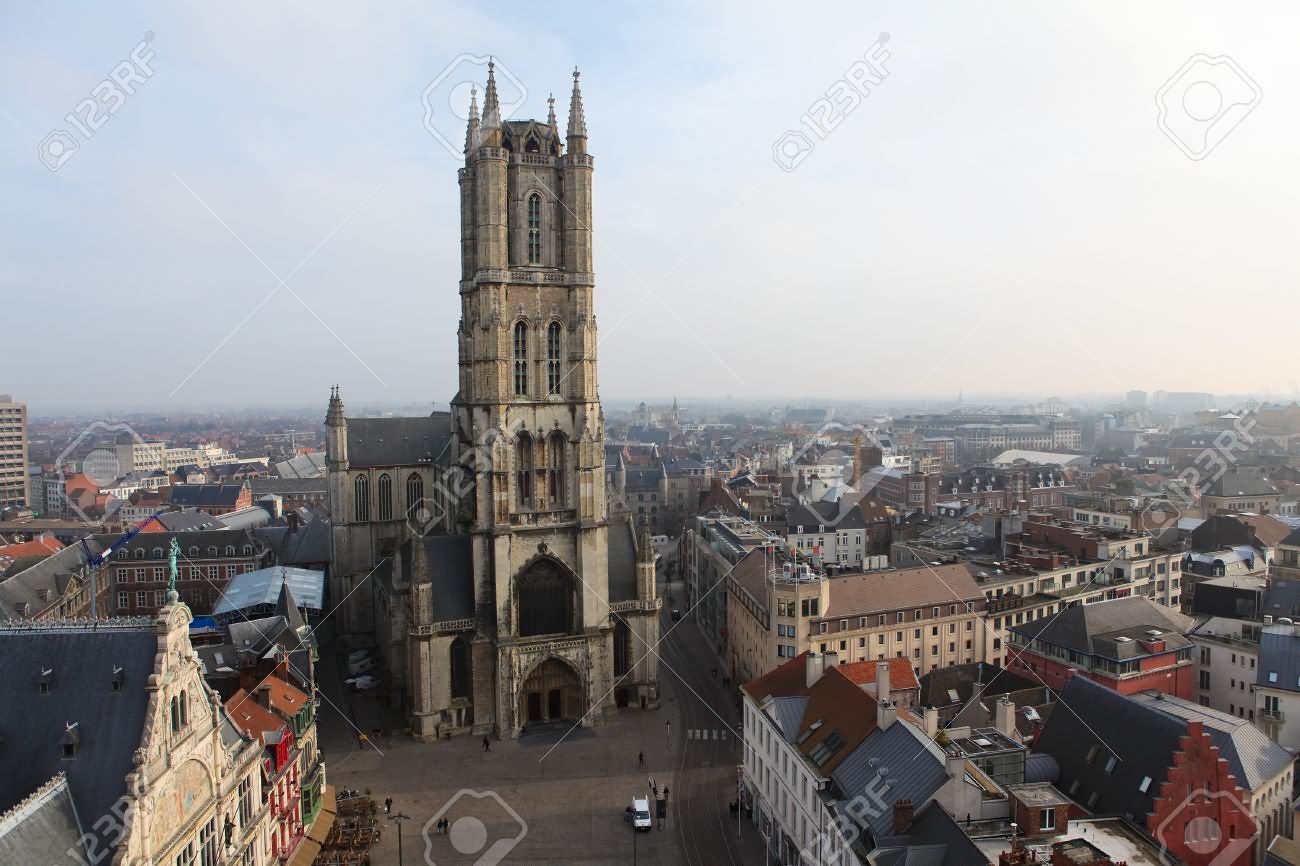 Overview On The Saint Bavo Cathedral And The Rooftops of The Old City Of Ghent In Belgium