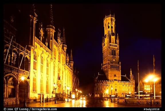 Provincial Court Building And Belfry In Bruges Lit Up At Night