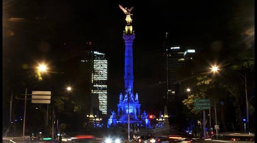 Purple Night Lights On The Angel Of Independence In Mexico