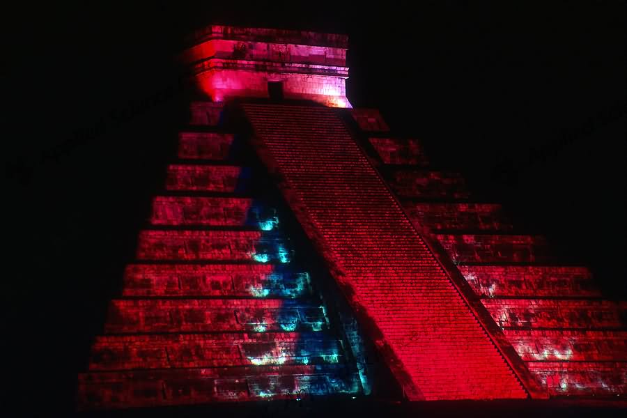 Red Lights On The El Castillo At Night