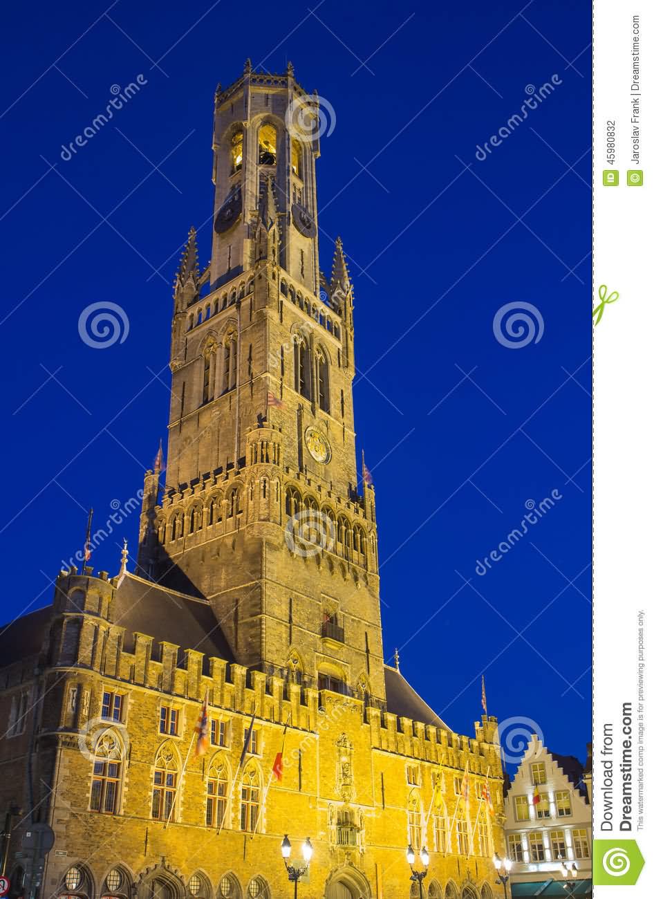 Side View Of The Belfry Of Bruges At Night