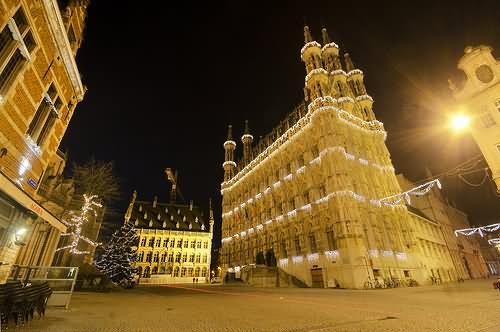 Side View Of The Leuven Town Hall At Night In Grota Market In Belgium