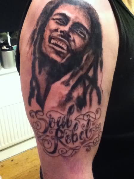 Soul Rebel Bob Marley Portrait Tattoo On Shoulder