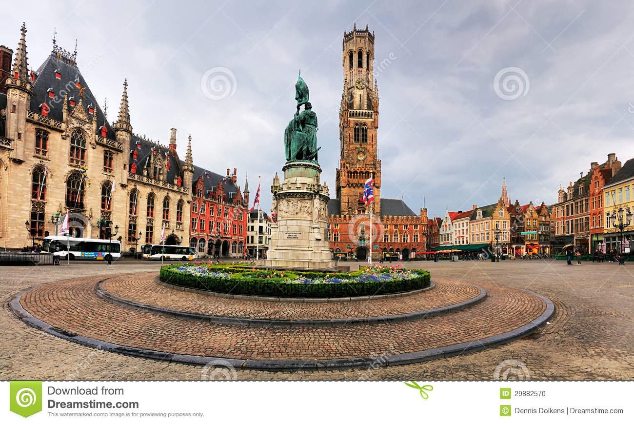 Statue On Market in Front Of Belfry of Bruges In Belgium