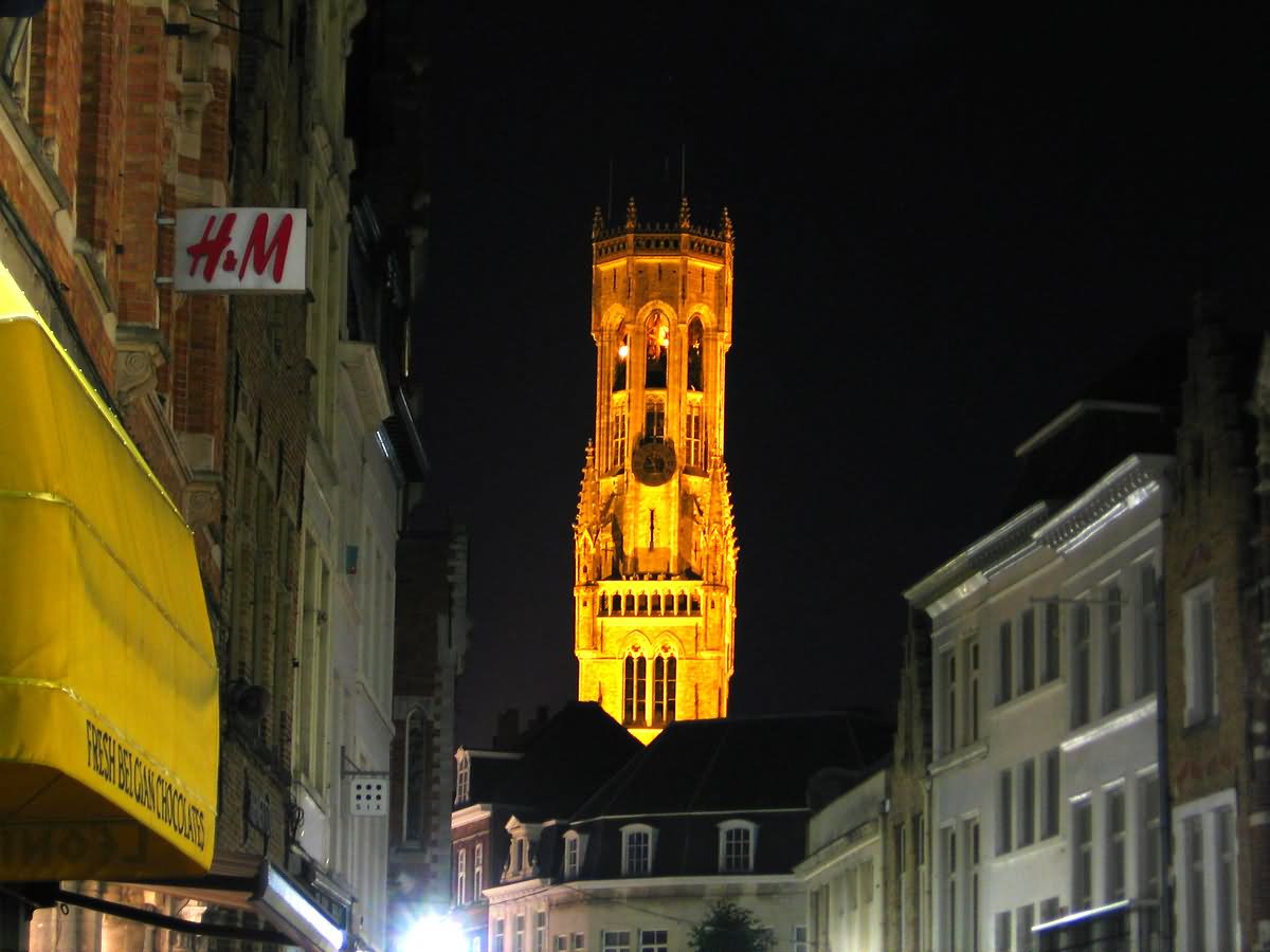 The Belfry At Night View From A Bruges Street