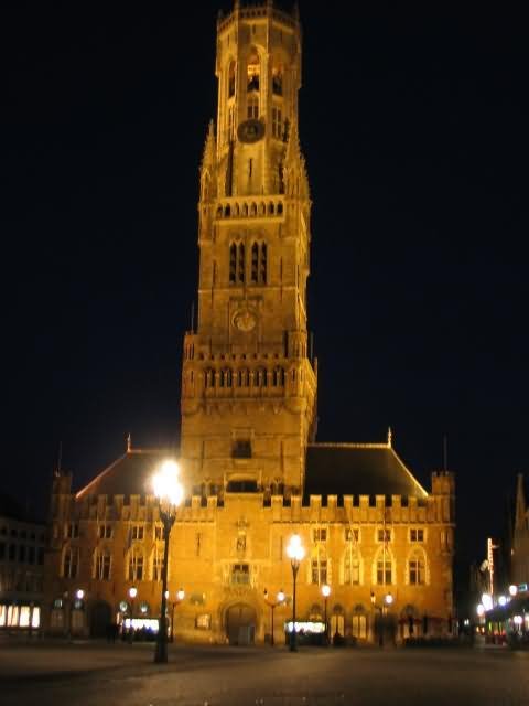 The Belfry By Night With Lighting Street Lamps