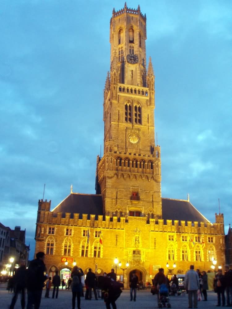 The Belfry In Bruges Illuminated At Night