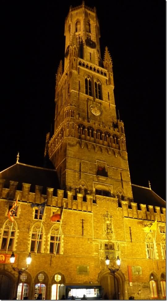 The Belfry Lit Up At Night In Bruges, Belgium