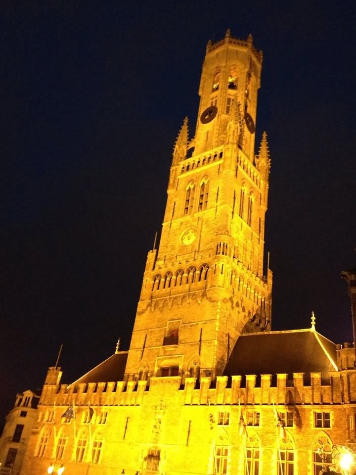 The Belfry Of Bruges Illuminated At Night