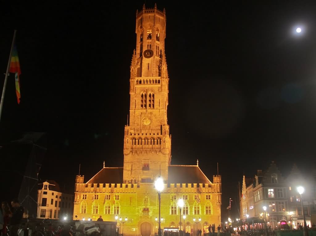 The Belfry Tower Of Bruges At Night With Full Moon