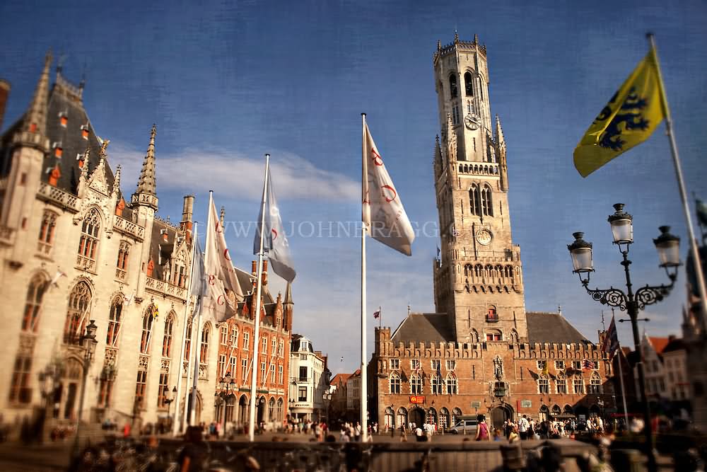 The Belfry of Bruges And Market In Bruges, Belgium