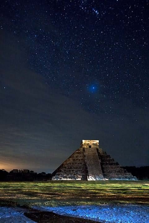 The El Castillo At Chichen During Night