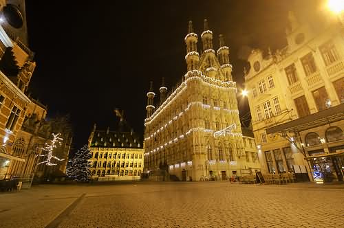 The Leuven Town Hall In Grote Market Lit Up At Night