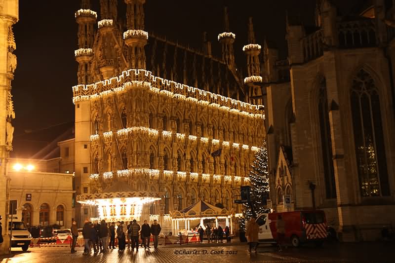 The Leuven Town Hall Lit Up At Night During Christmas