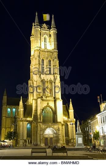 The Saint Bavo Cathedral In Ghent, Belgium At Night