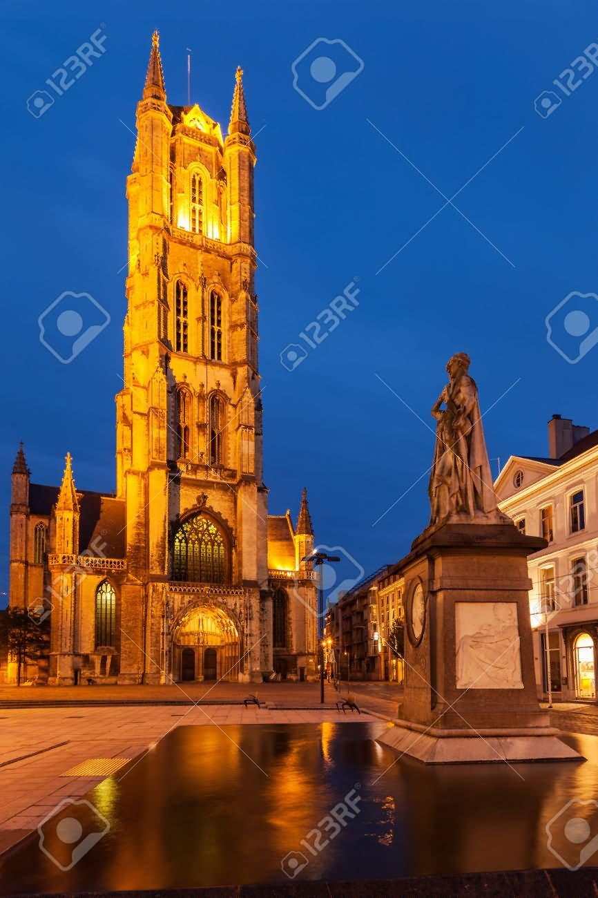 The Saint Bavo Cathedral Lit Up At Night