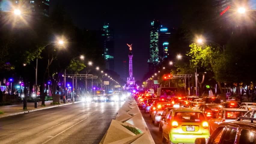 Traffic In Front Of Angel Of Independence At Night