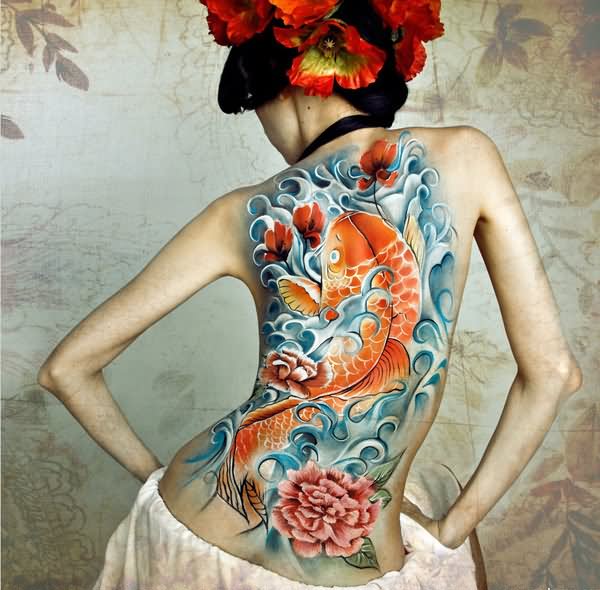 Amazing Fish With Flowers Tattoo On Girl Full Back