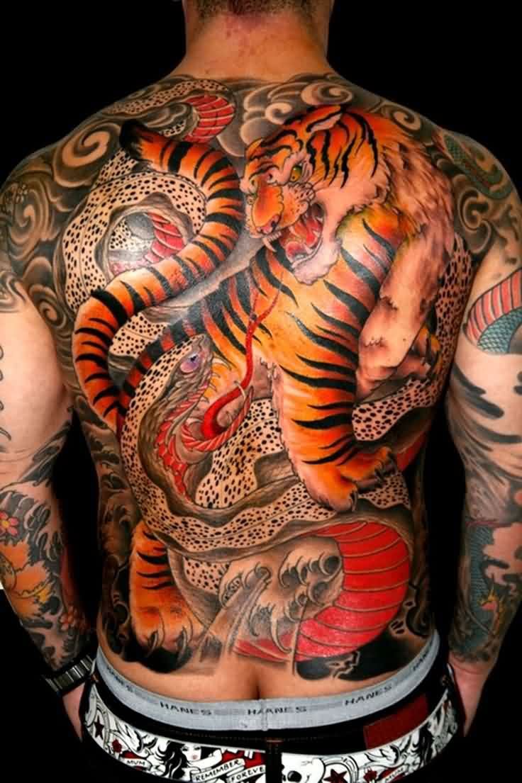 Amazing Tiger With Snake Tattoo On Man Full Back