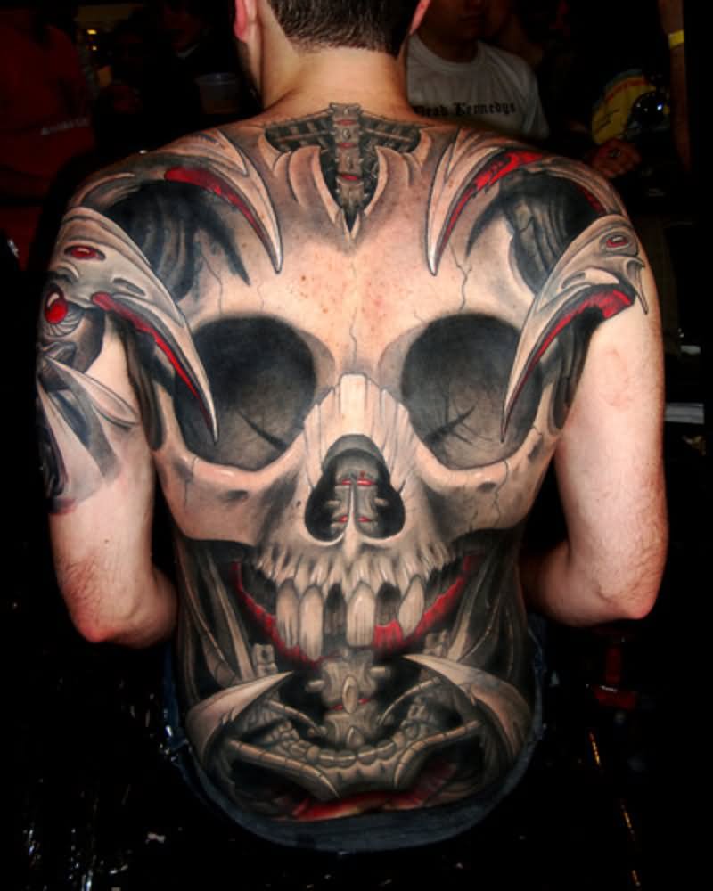 Attractive 3D Skull Tattoo On Man Full Back