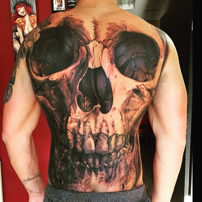 Awesome 3D Skull Tattoo On Man Full Back