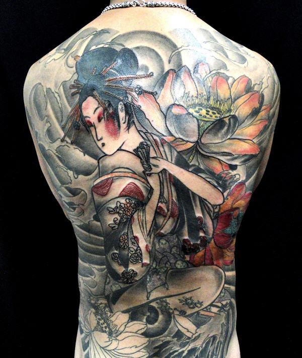 Awesome Geisha With Flowers Tattoo On Full Back