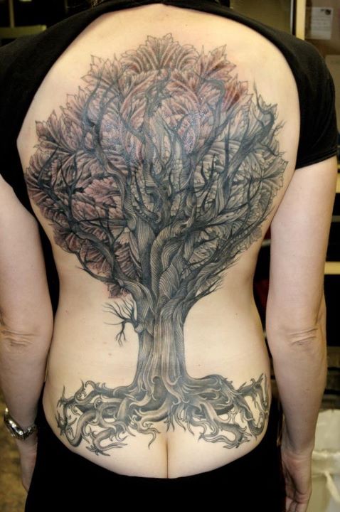 Awesome Grey Ink Tree Tattoo On Full Back