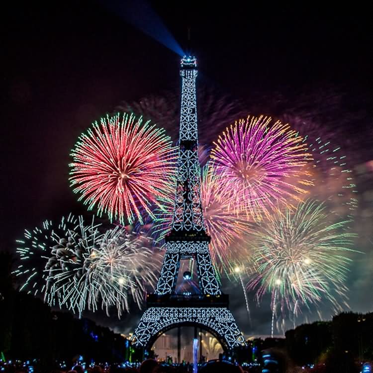 Beautiful Fireworks Over The Eiffel Tower During Bastille Day In Paris