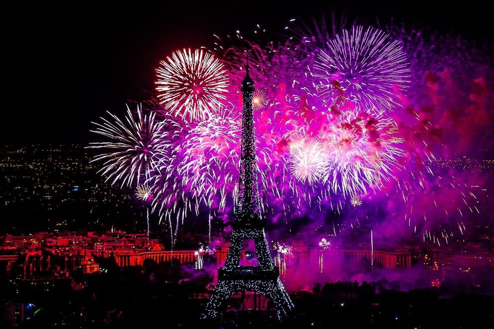 Beautiful Fireworks Show Over The Eiffel Tower During Bastille Day