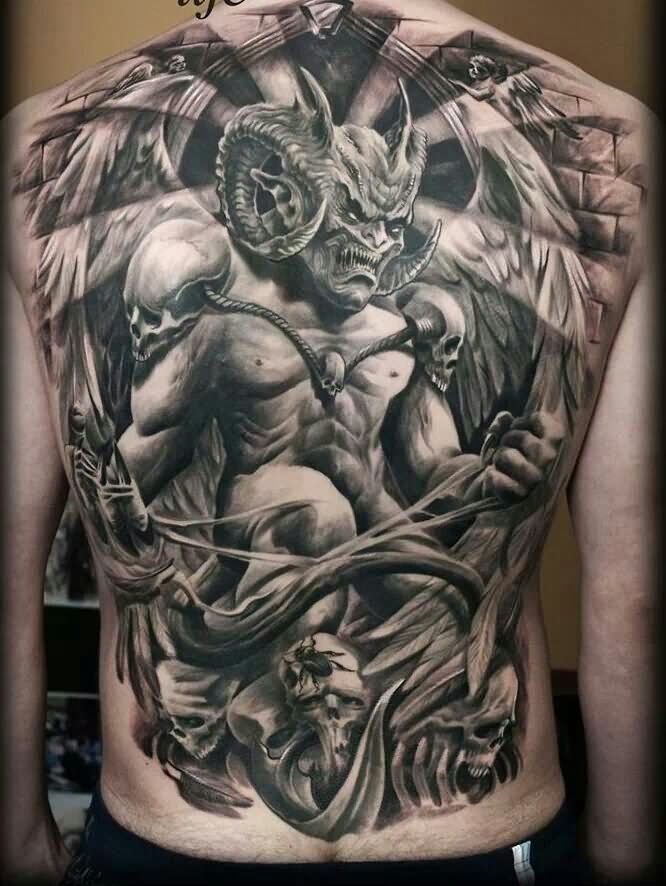 Black And Grey 3D Demon Tattoo On Full Back