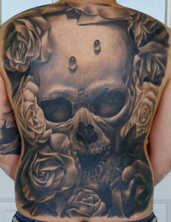 Black And Grey 3D Skull With Roses Tattoo On Full Back