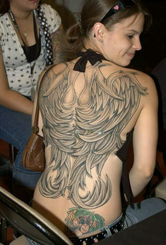 Black And Grey Angels Wings Tattoo On Girl Full Back