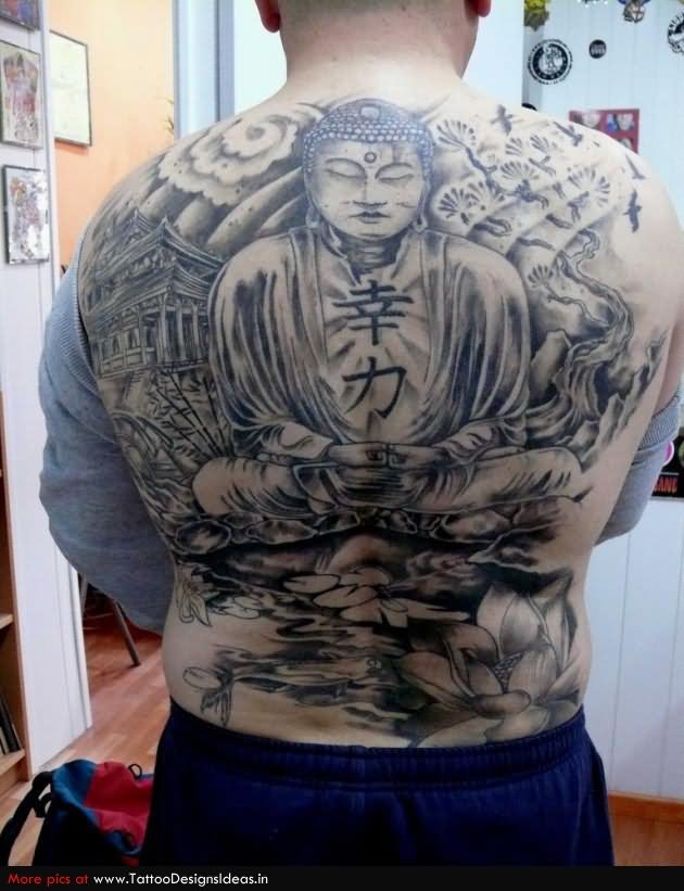 Black And Grey Buddha Tattoo On Full Back