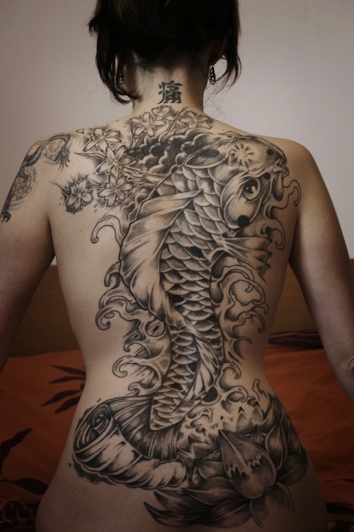 Black And Grey Fish Tattoo On Girl Full Back