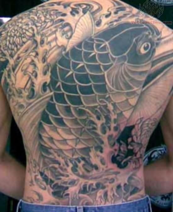 Black And Grey Koi Fish Tattoo On Man Full Back