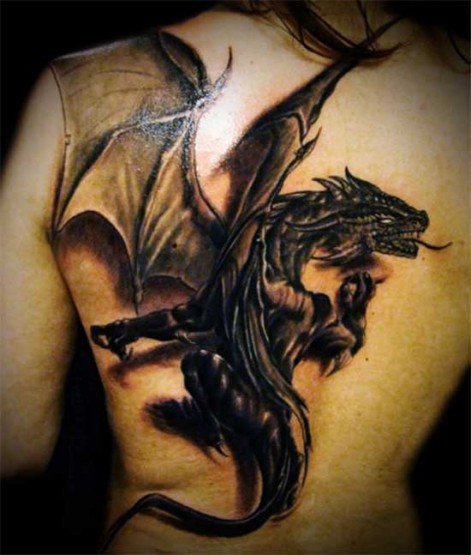 Black Ink 3D Dragon Tattoo On Full Back