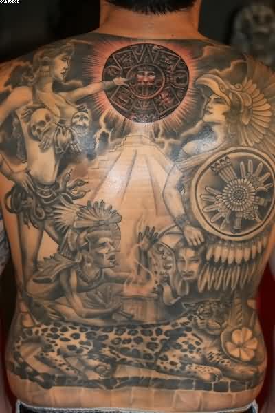 Classic Aztec Warriors Tattoo On Man Full Back