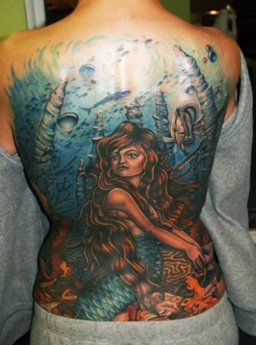 Classic Mermaid Tattoo On Full Back