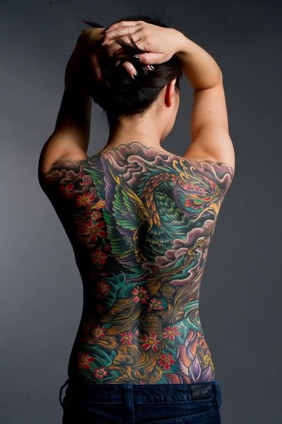 Colorful Bird With Flowers Tattoo On Girl Full Back