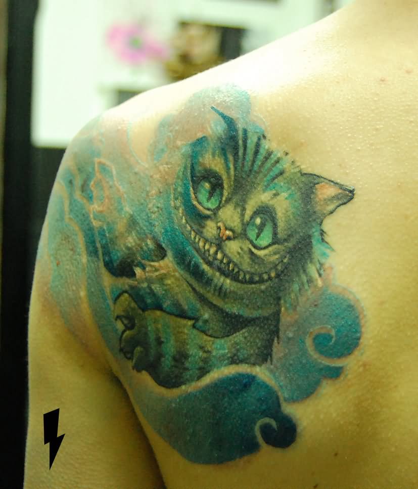 Colorful Cheshire Cat Tattoo On Left Back Shoulder by Jukan6