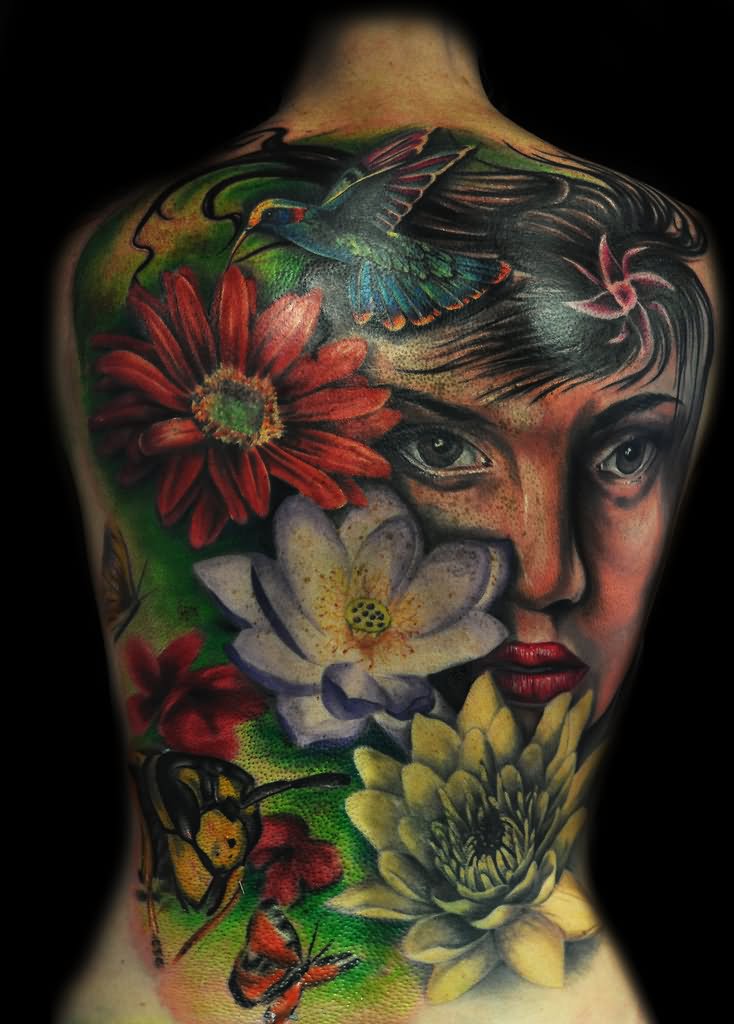 Colorful Girl Face With Flowers Tattoo On Full Back