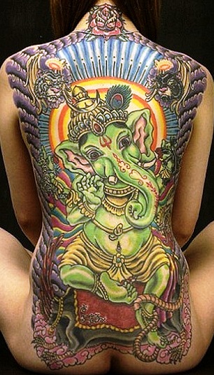 Colorful Lord Ganesha Tattoo On Full Back