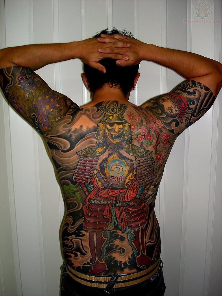 Colorful Samurai Warrior Tattoo On Man Full Back