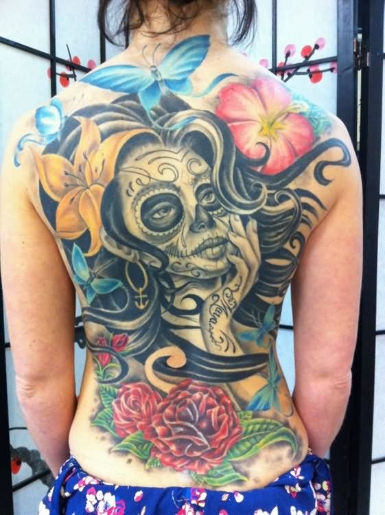 Dia De Los Muertos Girl Face With Flowers Tattoo On Full Back