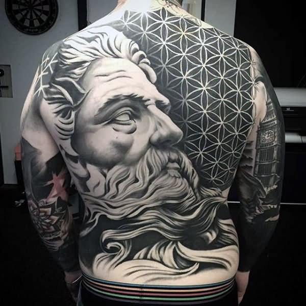 Grey Ink 3D Greek God Face Tattoo On Full Back