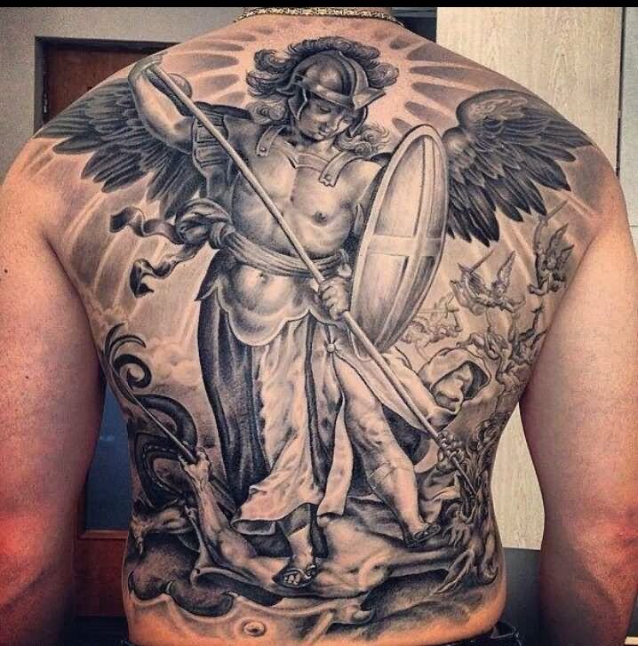 Grey Ink 3D Warrior With Angel Wings Tattoo On Full Back