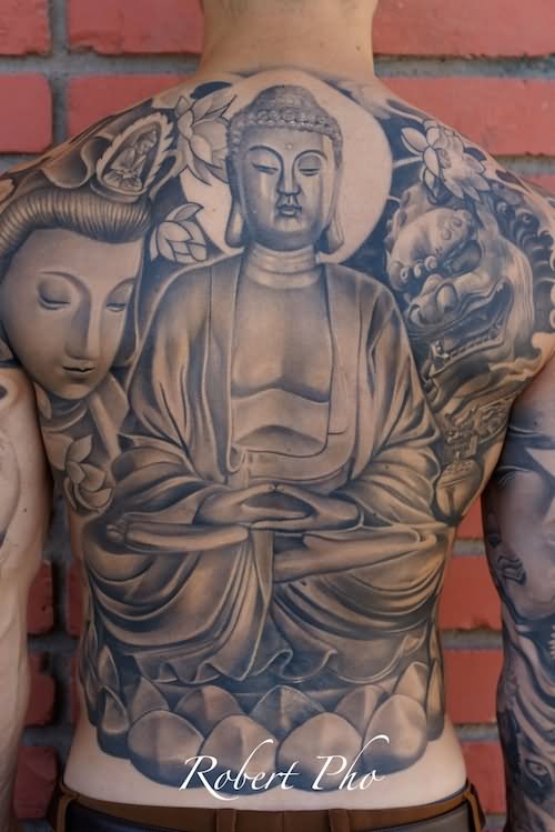 Grey Ink Buddha Tattoo On Full Back