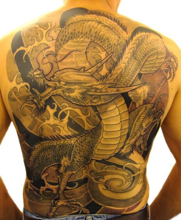 Grey Ink Dragon Tattoo On Full Back